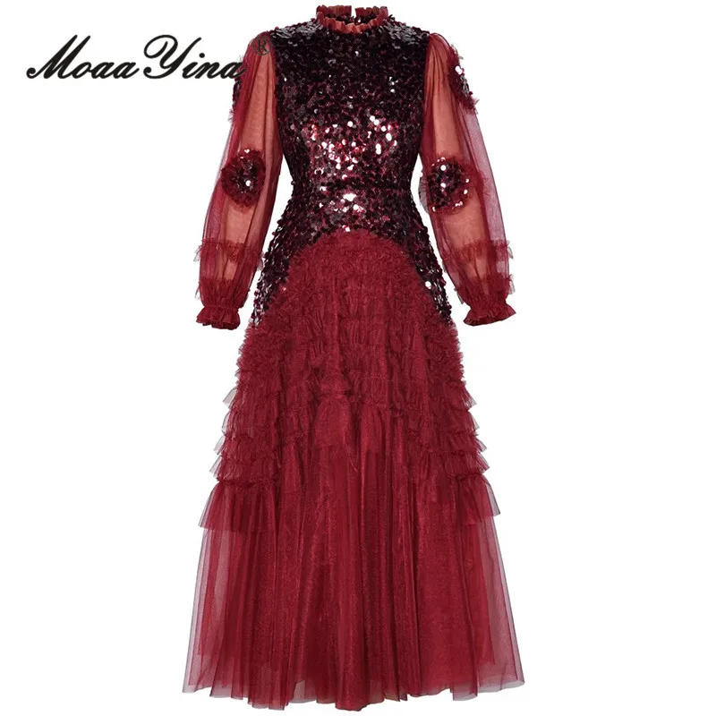 MoaaYina Fashion Design Women's Light Luxury Mesh Perspective Long Sleeve Sparkling Waist Collection Puff Large Swing Dress