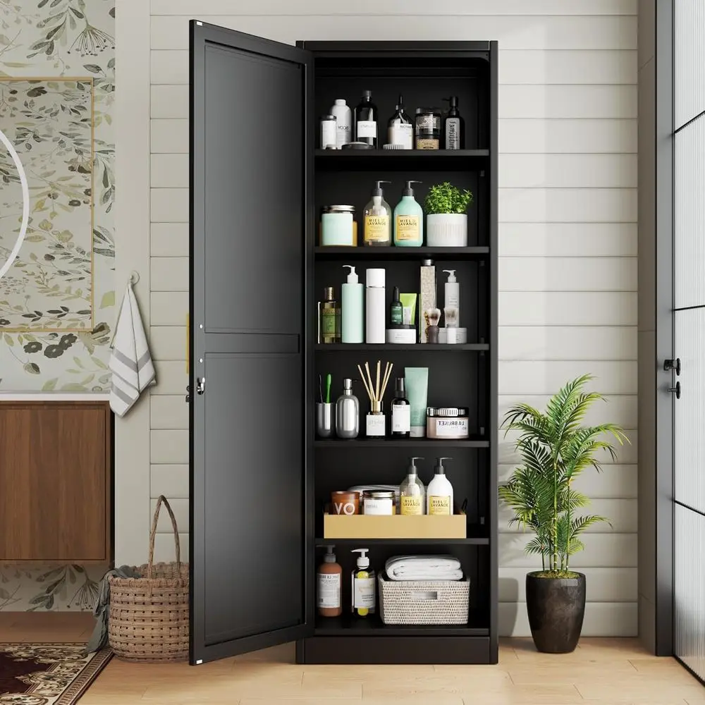 

Narrow Lockable Storage Cabinet for Bathroom, Living Room or Home Office, Adjustable Shelves, Black