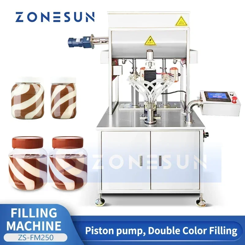ZONESUN Mesin Pengisi Swirl Dua Warna Pengisi Garis Peralatan Pengemasan Jeli Selai Kacang Pengeluaran Pasta Tebal ZS-FM250
