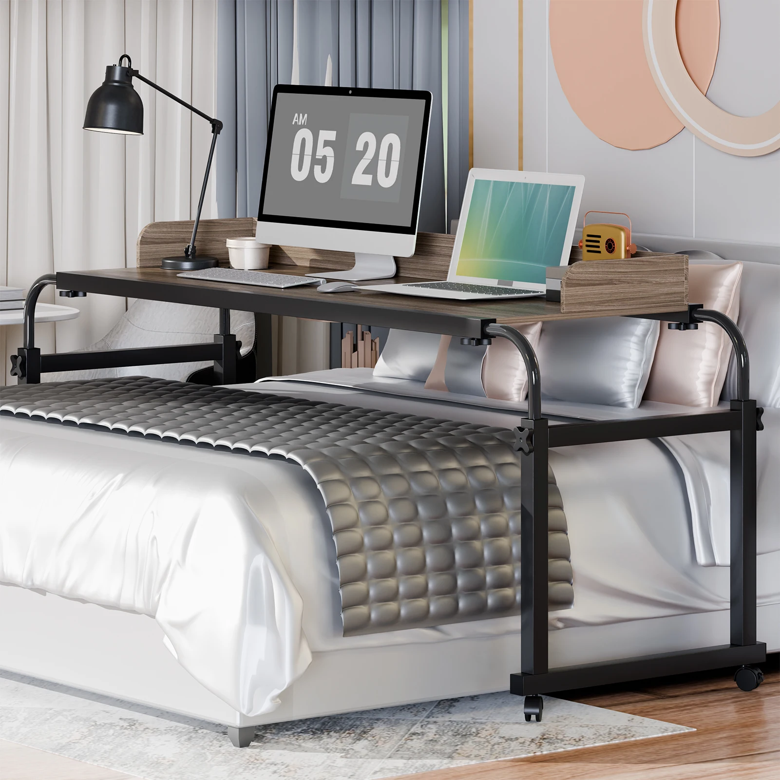 Portable Bedside Table,Adjustable Height And Length Bedside Computer Desk,Raised Panel, Widened And Lengthened Working Area