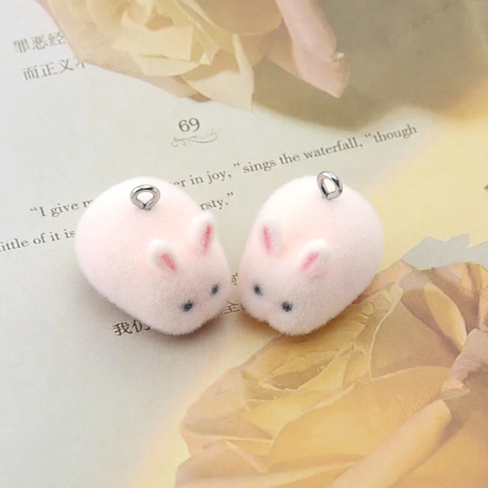 20Pcs 3D Flocking Resin Cute Rabbit Charms Cartoon Animal Pendant for Earrings Keychain Necklace Making DIY Jewelry Accessories