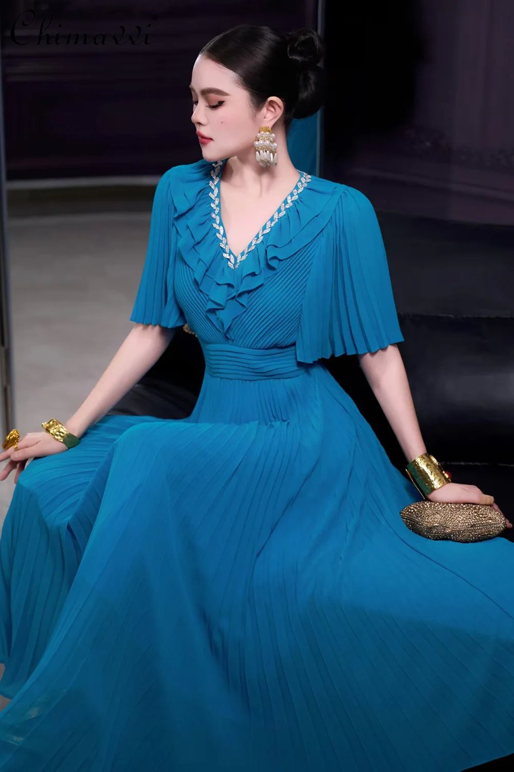 

French 2026 Spring Summer Women's V-neck Rhinestone Short-sleeve Ruffle Hem Maxi Dress Elegant High-waisted Flowy Pleated Dress