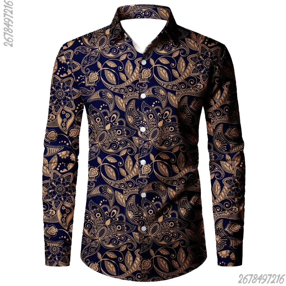 Men's Retro Palace Style Paisley Pattern Long Sleeve Shirt Luxury Blue and Gold Print Lapel Fashionable and Casual Men's Shirt