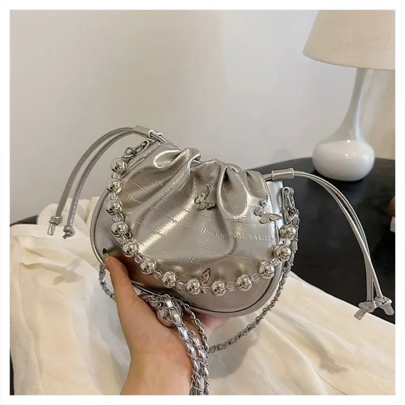 Premium Sense Niche Silver Bag Women\'s 2024 New Summer Versatile Chain Single Shoulder Messenger with Bucket Bag