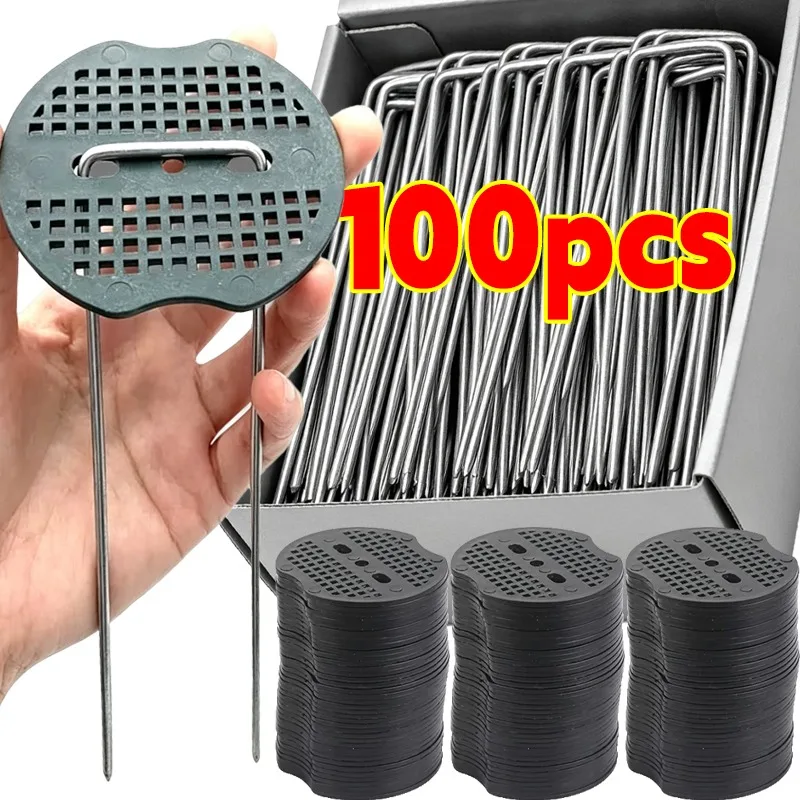 U-type Garden Staples Plastic Gasket Heavy Duty Fence Tubing Stakes Metal Pegs Landscape Ground Nail Film Peg Fixed Tools