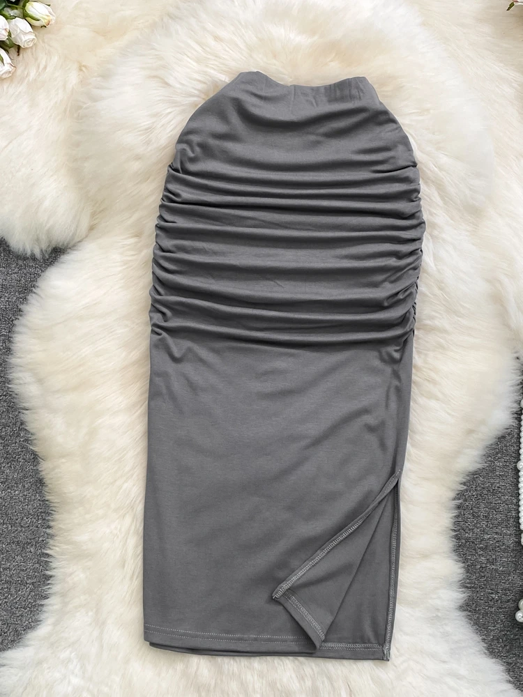 Hohe Taille Knie-Länge Plissee Reine Farbe Asymmetrische Saum Bodycon Midi Rock Koreanische Sle Frühling Sommer Faion frauen rock