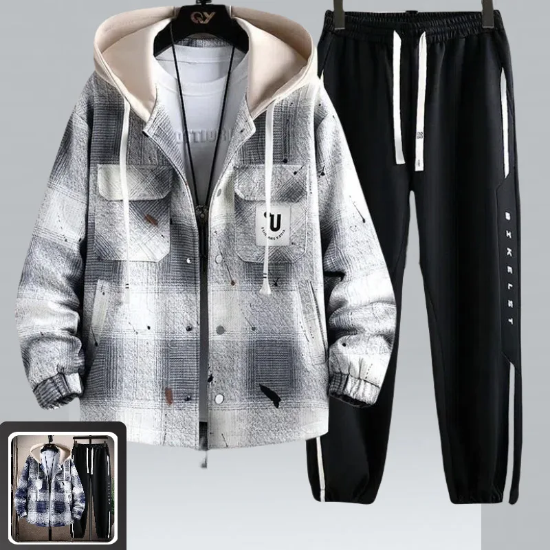 

Men's Plaid Jacket Spring and Autumn New Hooded Jacket Trend Suit Casual Handsome Two-piece Set