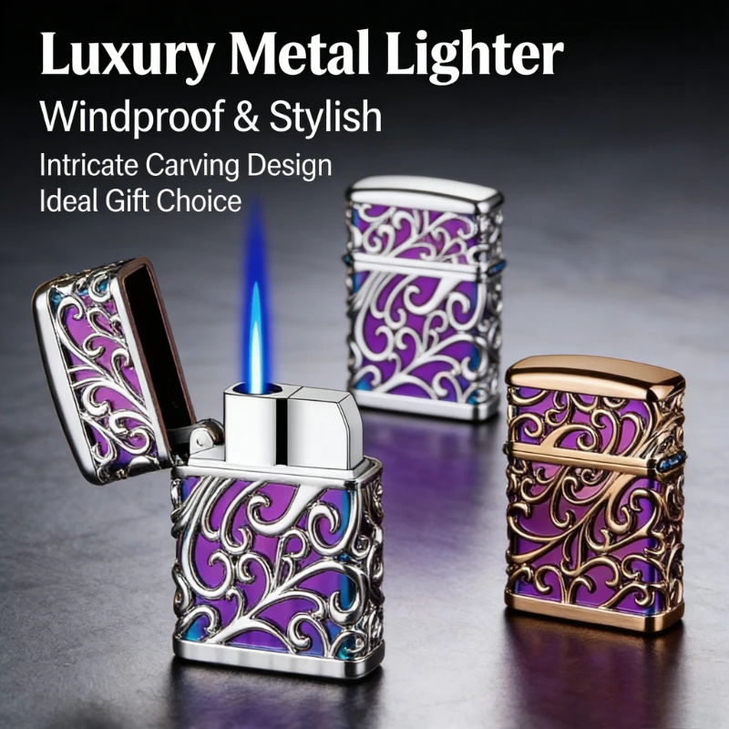 

3D Floral Pattern Metal Lighter | Blue Flame Turbo Torch Inflatable Butane Lighter – Windproof Outdoor Cigarette Accessory