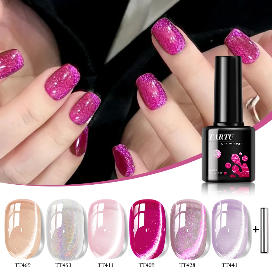 

6-color cat-eye glitter gel nail polish set, including khaki, purple, white, red, brown, blue, black, and green semi-permanent c