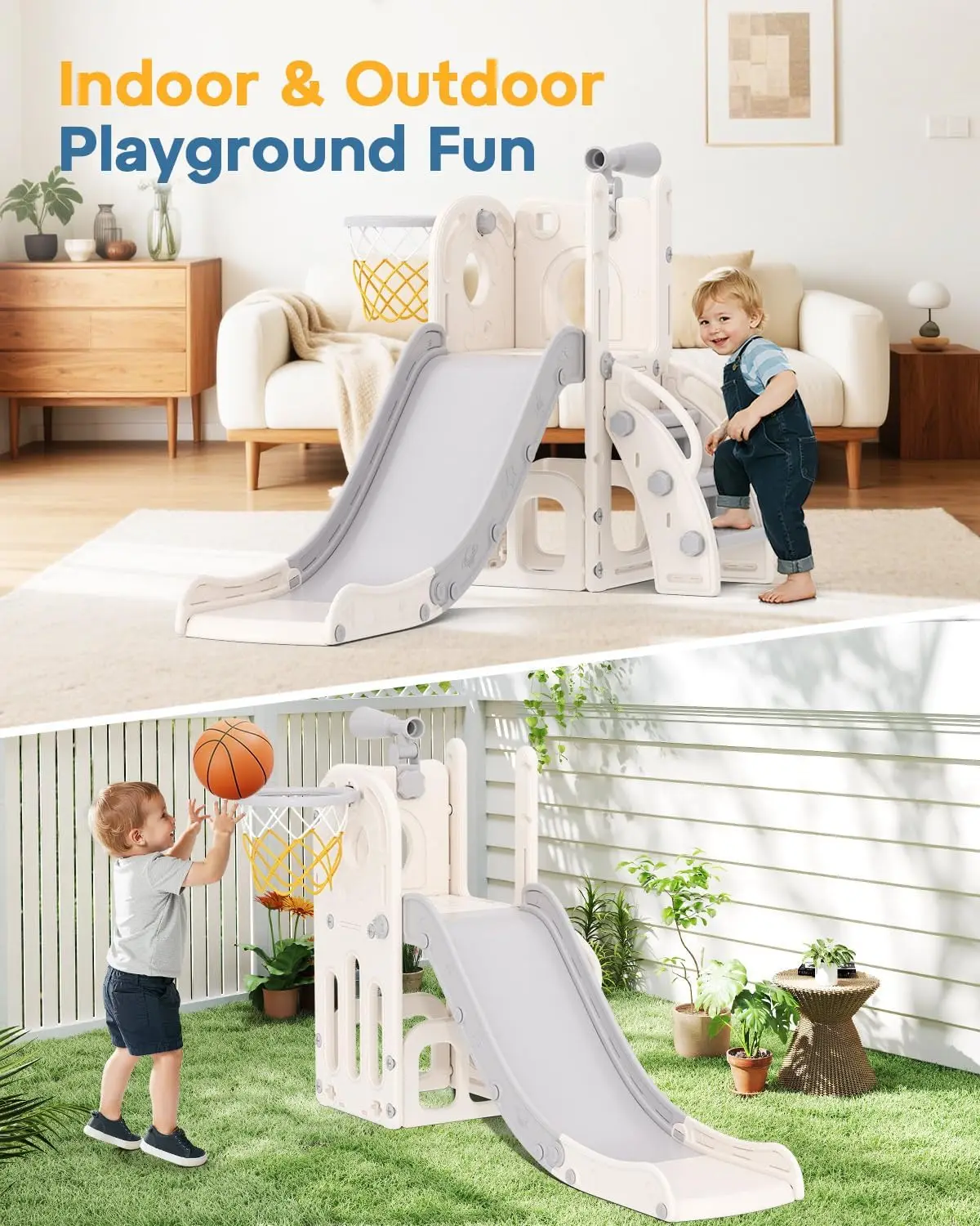 شريحة أطفال 6 في 1 مع طوق كرة سلة وتلسكوب، مجموعة لعب متسلق داخلية/خارجية للأطفال من سن 1 إلى 3 سنوات، أبيض ورمادي