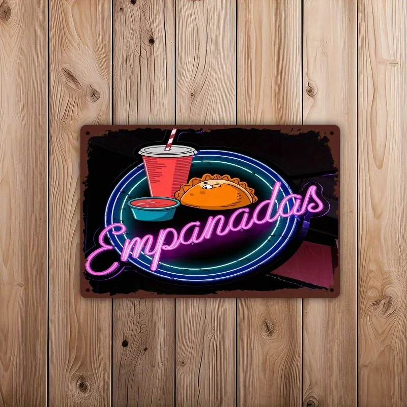 Vintage Neon-Style Metal Sign | 'Empanadas' Wall Art | Multi-Color Iron Decor for Home, Bar, Cafe, Office | Retro Taco & Drink