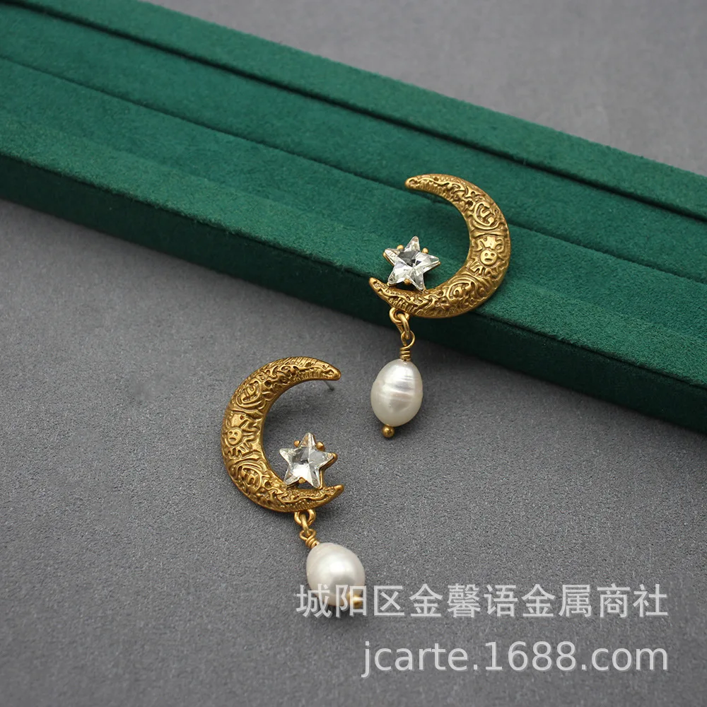 Vintage Style Earrings Star Moon Studs Electroplated Jewelry Baroque Pearls