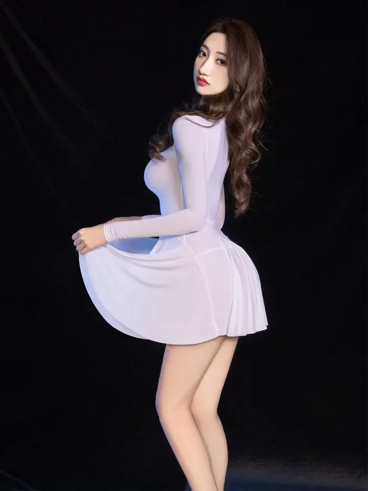 Sexy Tight Long-sleeved Dress Night Club Party Maid Ruffled Dress Oil Shiny Sheer See Through Elastic Bodycon Miniskirts Women