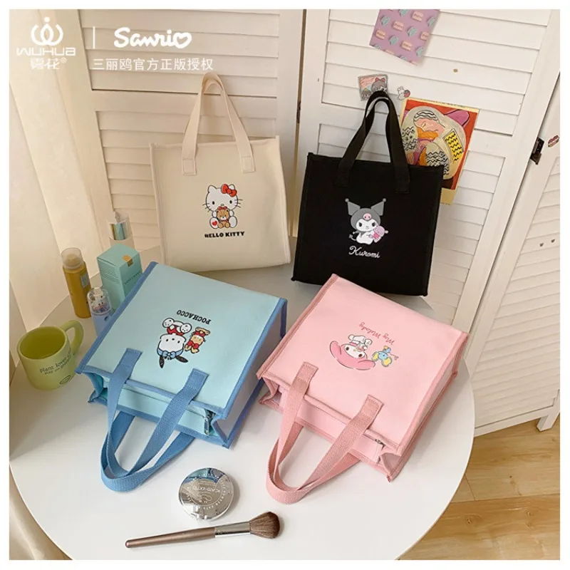 

Kawaii Sanrio Kuromi My Melody Hello Kitty Cartoon Cute Handheld Canvas Makeup Bag Toilet Bag Commuter Bag