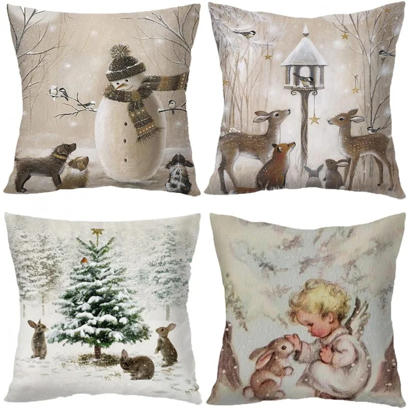 

Christmas decoration pillow cover 18 x 18 inches animal snowman rabbit deer silver 4-piece pillowcase set