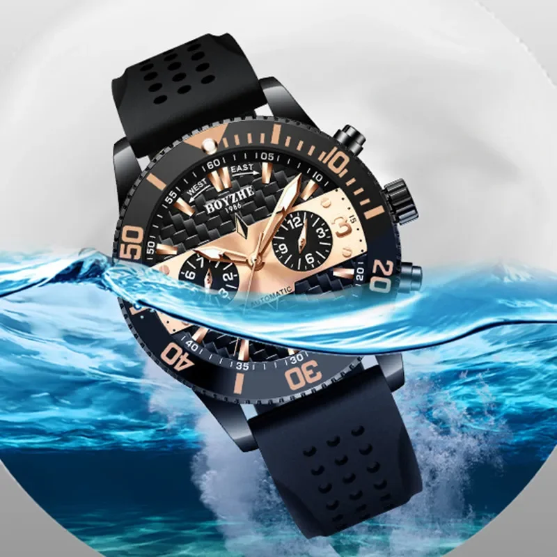 Boyzhe Men Sport Mechanical Wrist Watch Stainless Steel Strap Luxury Brand Automatic Watch 3 ATM Waterpoof Clock reloj hombre