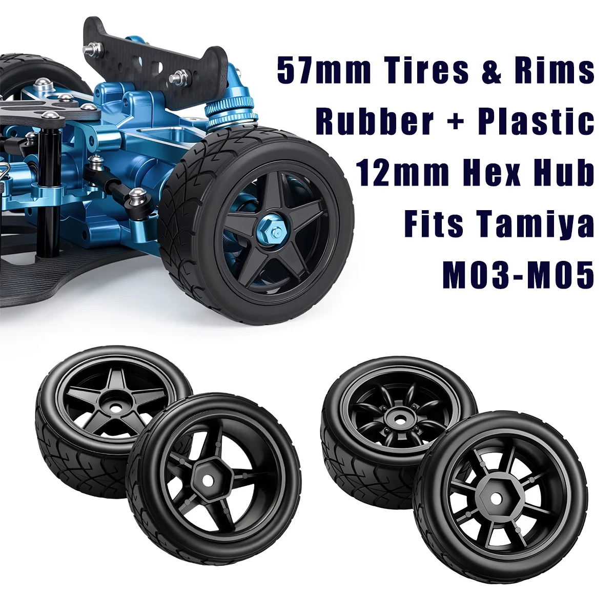 57mm Gummireifen & Kunststoffräder 12mm Sechskant für 1/10 1/12 Tamiya M03 M04 M05 MB01 MF01 XM01 SW01