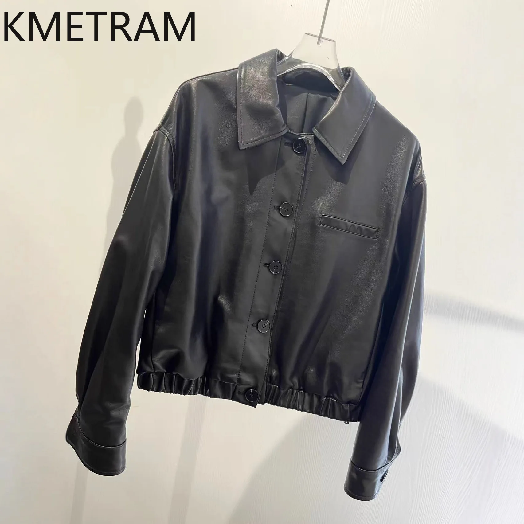 KMETRAM Real Sheepskin Leather Jacket Woman Semi-Tanned Light Waxed Leather Jackets Fashion Short Coat Autumn Women Clothes 2026
