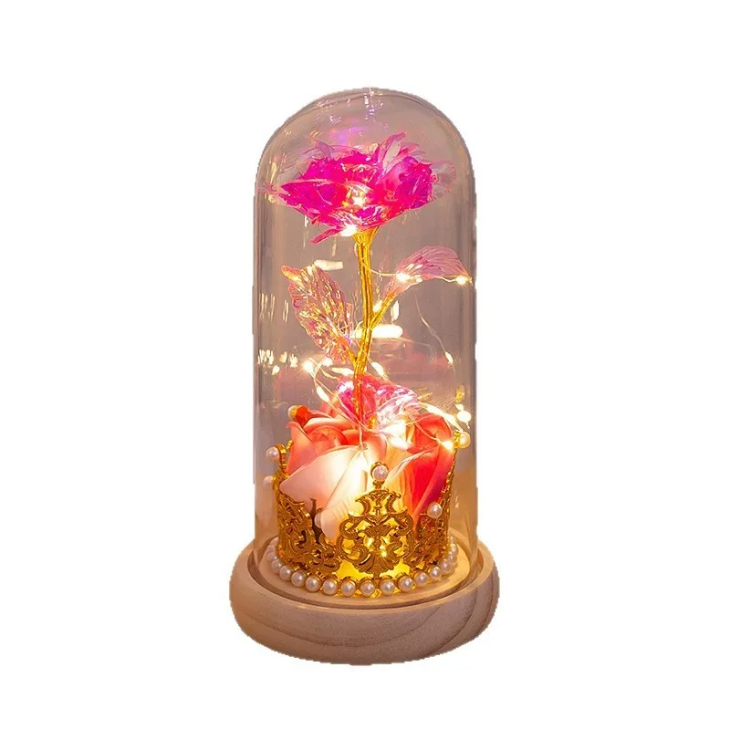 Artificial Flower Decoration Ornament Christmas Valentine'S Day Birthday Party Gift Transparent Cover Led Light Imitation Rose