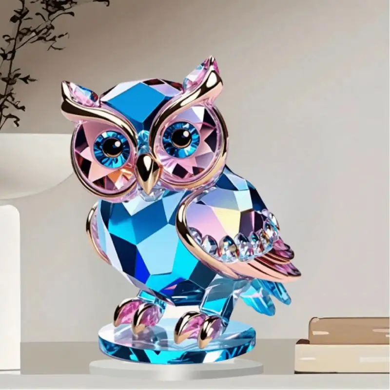 Décoration de bureau en acrylique cristal en forme de hibou mignon, 15cm x 15cm, ornement de décoration pour la maison sur le thème des animaux, pratique et utile