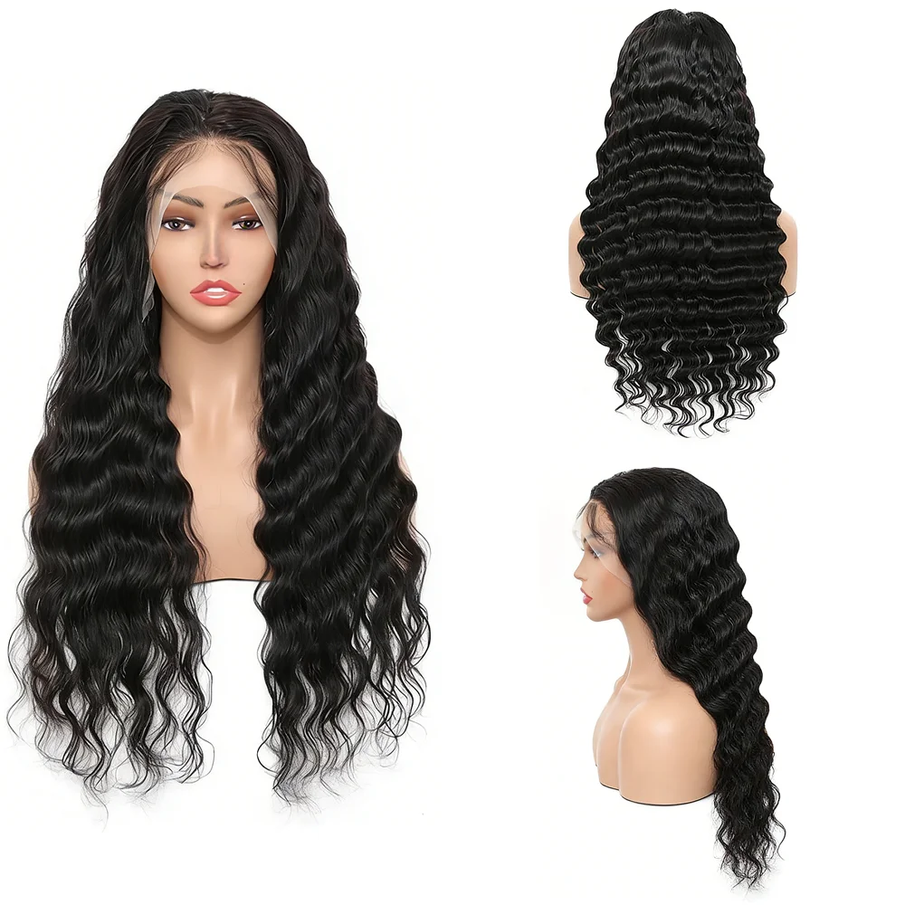 

Glueless 13×4 Lace Front Wig Natural Black Loose Deep Wave Long Synthetic Wig With Realistic Hairline For Women Daily Office Use