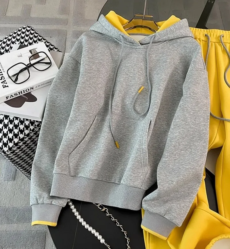 Damen Outdoor-Laufset Jogging Fitness Lose Sportbekleidung Laufoutfit Winter Fleece Kapuzenpullover Zweiteiliges Set – Detail 4
