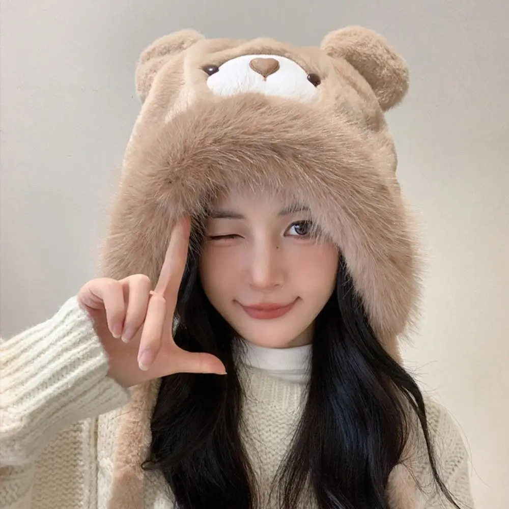 Cute Cartoon Bear Ears Hat Windproof Thick Warm Winter Hat Solid Color Ear Protection Earflap Bonnet Hat
