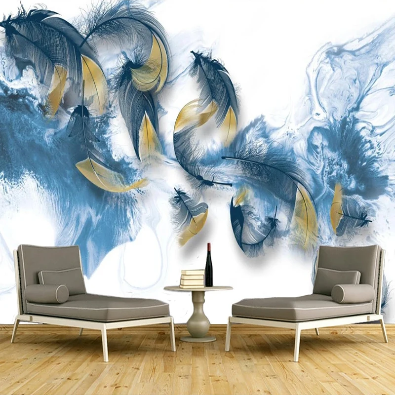 

Custom 3D Chinese Style Mural Wallpaper For Living Room TV Backdrop Home Decor Wall Painting Blue Smoke And Feathers Wall Paper