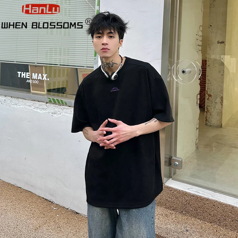 Men's Summer New Suede Short sleeved T-shirt Men's Trendy Brand Loose Contrast Embroidered Round Neck T-shirt