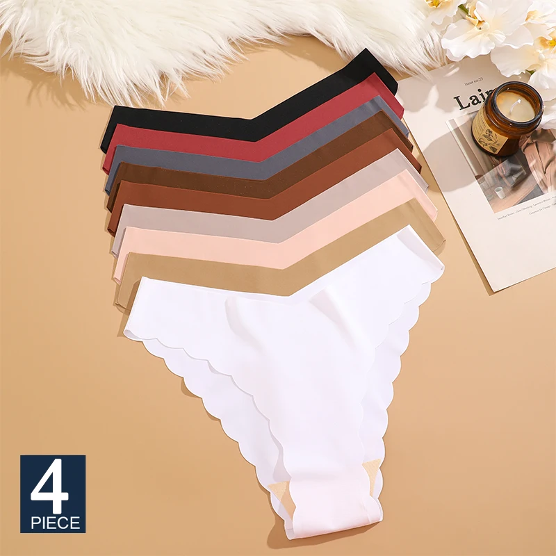 FINETOO 4Pcs/Set Sexy Seamless Panties Wave Briefs Comfortable Underwear Breathable Ice Silk Panty For Women Traceless Panty