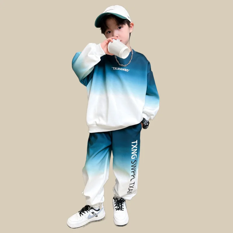 2025 Spring 4-12Y Preteen Boy Tracksuit Letter Print Contrast Sweatshirt Loose Ankle Band Sweatpants Junior Boys 2PCS Track Suit