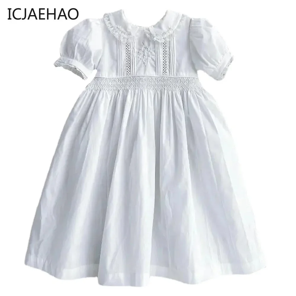 HandMade Smocking White Dress Baby Kids Birthday Baptism Frock Girls Smocked Embrodiery Spanish Clothes Children Matching Outfit