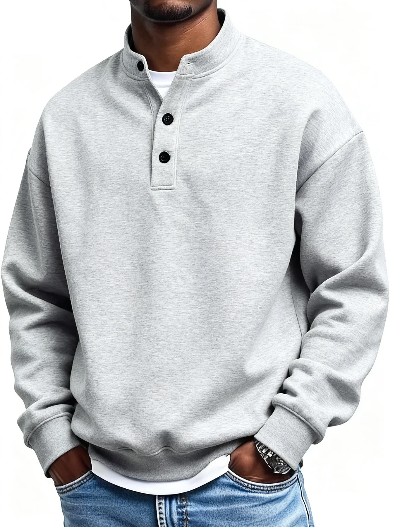 Sweat-shirt à col Henley uni pour homme, pull décontracté à manches longues avec boutons pour homme,