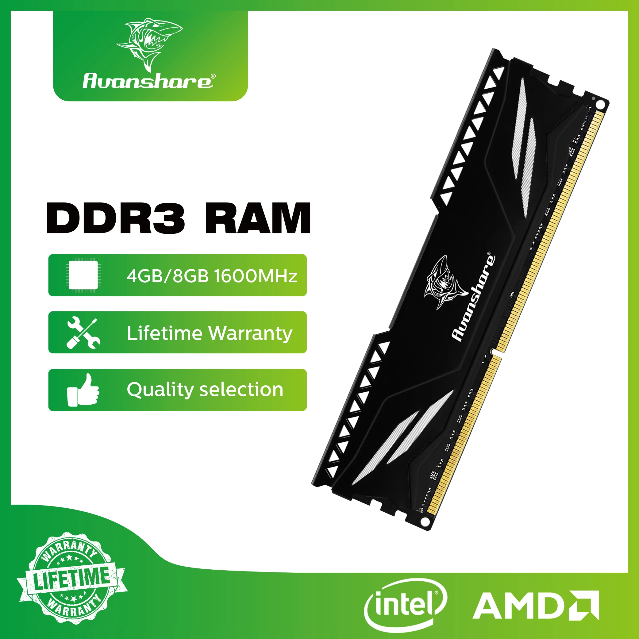 

Avanshare DDR3 RAM 4GB 8GB 1333MHz 1600MHz Desktop Memory Non-ECC Unbuffered DIMM With Cooling Vest Black Heat Sink
