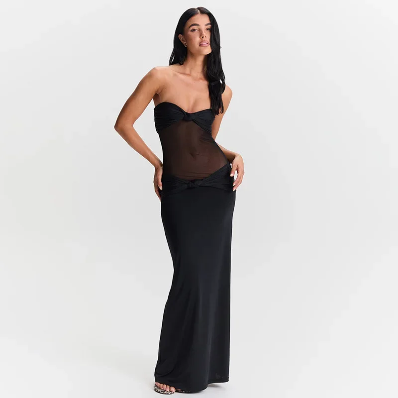 2025 primavera malha retalhos sólido elegante sem alças torção maxi vestido feminino slash neck sem mangas magro picante meninas vestidos de rua