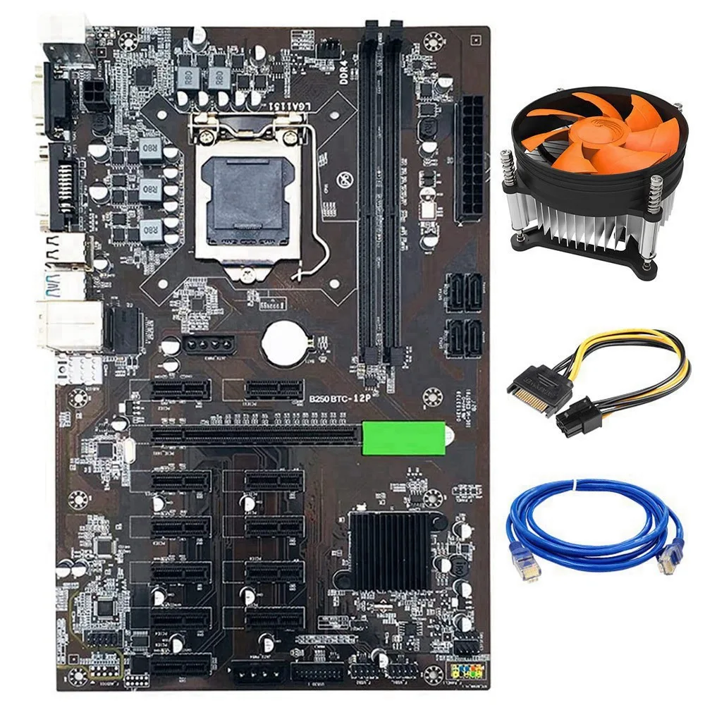 

B250 BTC Mining Motherboard LGA 1151 DDR4 with Cooling Fan+SATA 15Pin to 6Pin Power Cord+RJ45 Network Cable for Miner