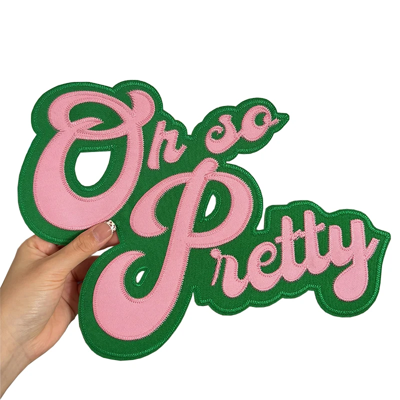 Oh So Pretty Twill Pink with Green Trim Greek AKA Sorority Appliqué Embroidered Iron On Patch for Clothing