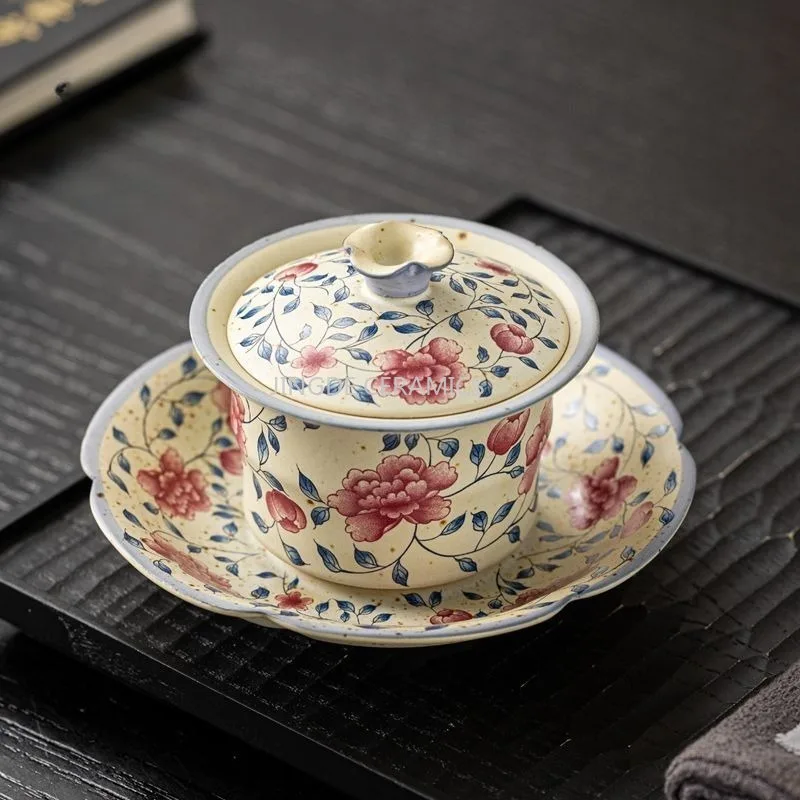 Hand Drawn Peony Ceramic Bowl, Ceramic Tea Set with Lid, Chinese Tea Ceremony Accessories, Office Tea Bowl, Household Teaware