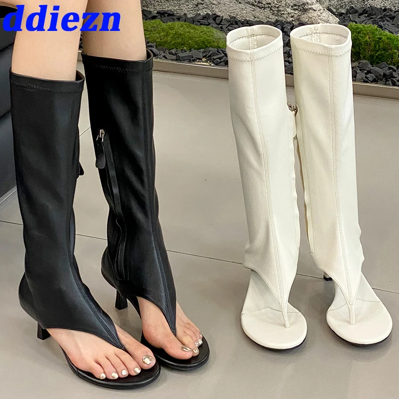 Sandalias de tacón para mujer, novedad en botas hasta la rodilla, cremalleras a la moda, calzado femenino con punta abierta, zapatos de tacón para mujer, chanclas