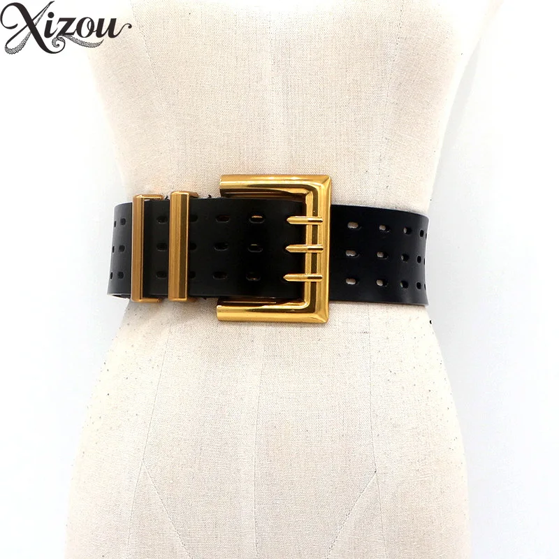 Women Genuine Cow Leather Wide Waist Cincher Belt Three-Row Eyelet Pin Buckle Antique Brass All-match Decorative Cummerbund
