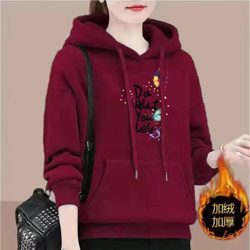 UHYTGF M-4XL Hoodie Women\'s Fashion Print Pullover Hooded Winter Sweatshirts Jacket Female Korean Loose Casual Ladies Coat 2322