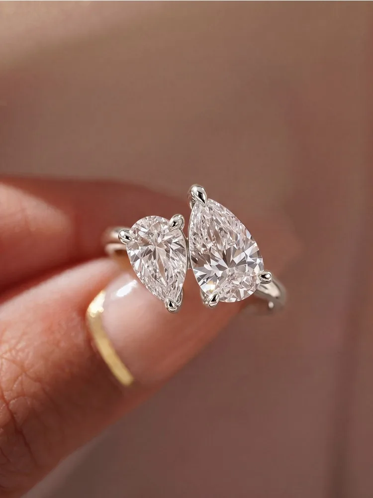 925 Sterling Silber Klassische Doppel-Wassertropfen-Form Weiße Zirkon-Ringe für Damen Verlobung Hochzeit Hochwertiger Edel-Schmuck – Detail 2