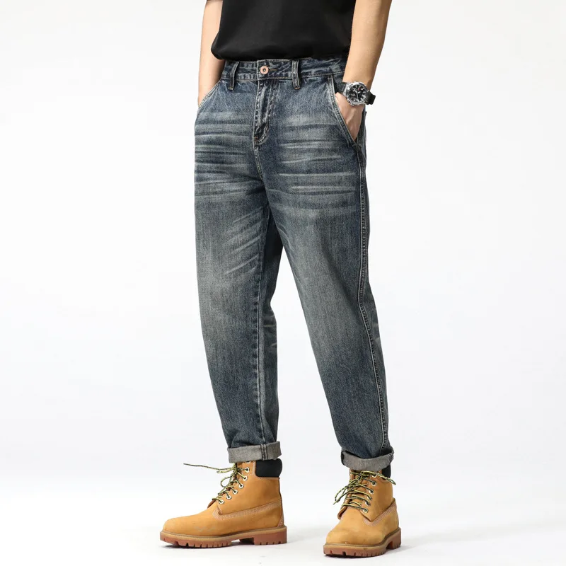 High quality long baggy jeans for men big size moustache effect  wash cotton denim casual vintage trousers 2024 clothing - blue