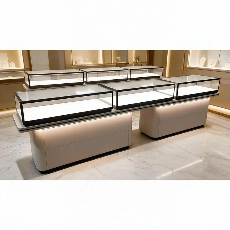 custom.Luxury Jewelry Horseshoe Island Display Counter Curved Glass Vitrine Bronze Frame LEDLighting White Base Marble B