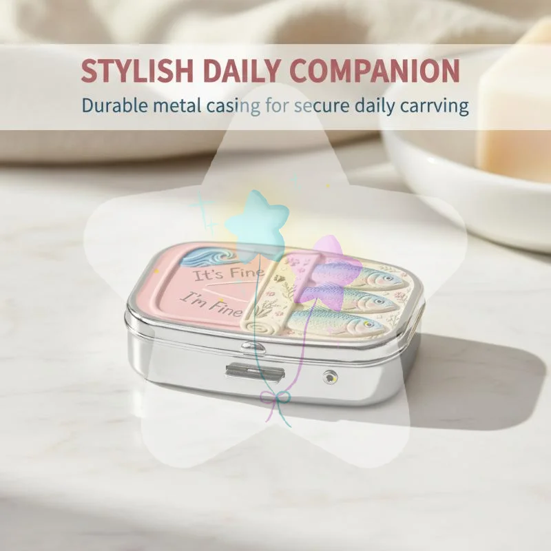 2 Compartments Metal Pill Box, It's Fine I'm Fine Sardine Print Portable Pocket Pill Case, Mini Travel Medicine Storage Contain