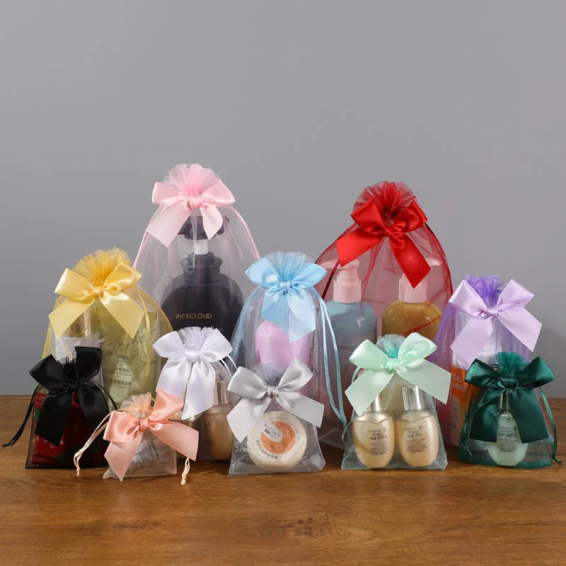 50pcs/lot 13*18cm Exquisite Organza Drawstring Bag Bowknot Christmas Party Wedding Candy Bags Jewelry Gift Packing Pouch