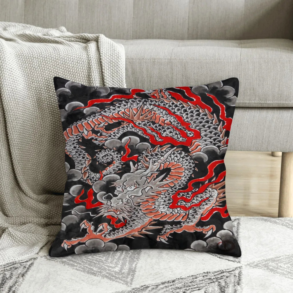 Black Dragon with Fire and Clouds Dragon Pattern Polyester Cushion Cover For Home Garden Decorative Breathable Throw Pillowcase