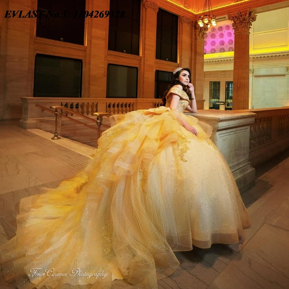 EVLAST Customized Glitter Gold Quinceanera Dress Ball Gown Shiny Lace Applique Beaded Tiered Sweet 16 Vestidos De 15 Anos E3Q127