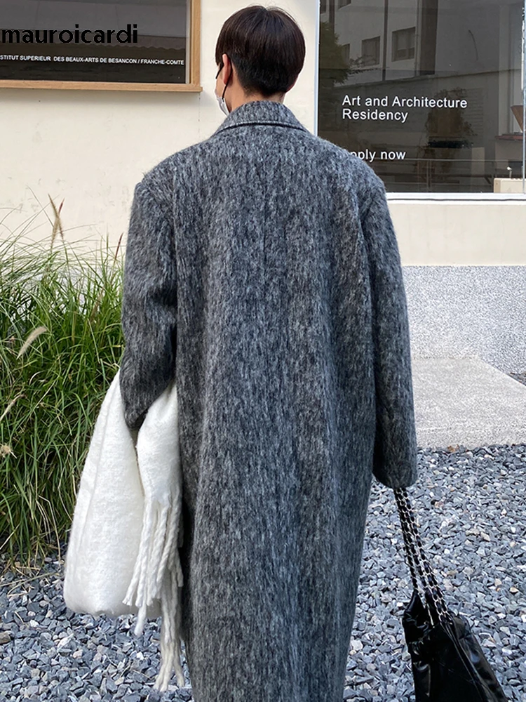 Mauroicardi Autumn Winter Long Gray Oversized Thickened Warm Soft Wool & Blends Coat Men Double Breasted Korean Fashion 2023