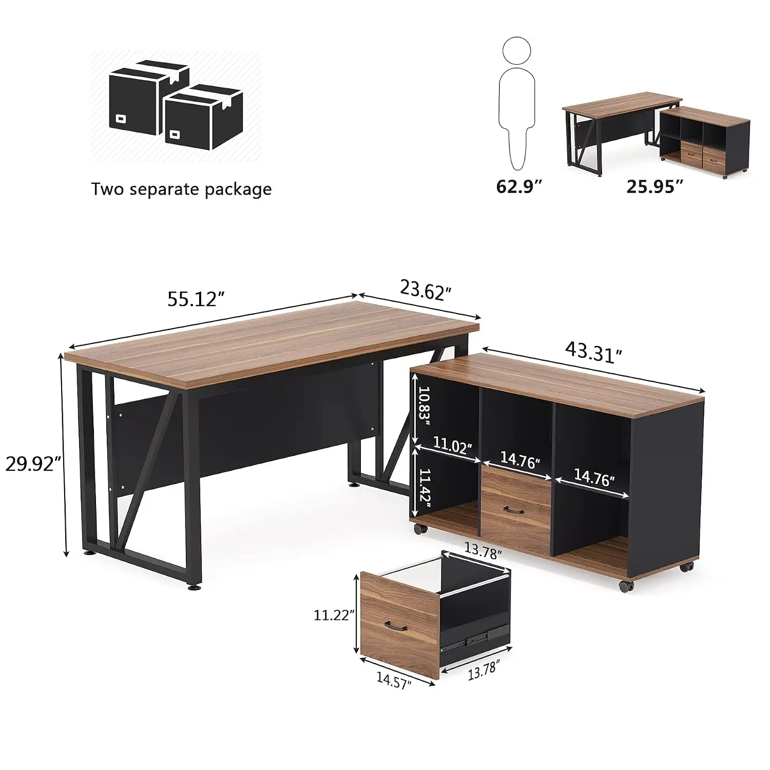 L-Shaped Executive Desk & File Cabinet with Drawers & Shelves for Home Office, 55 Inch, Customized